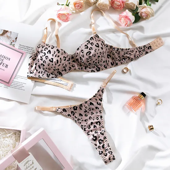 Sexy Leopard Print 2PCS Woman Underwear Set Wholesale Transparent Thin Cup Lingerie