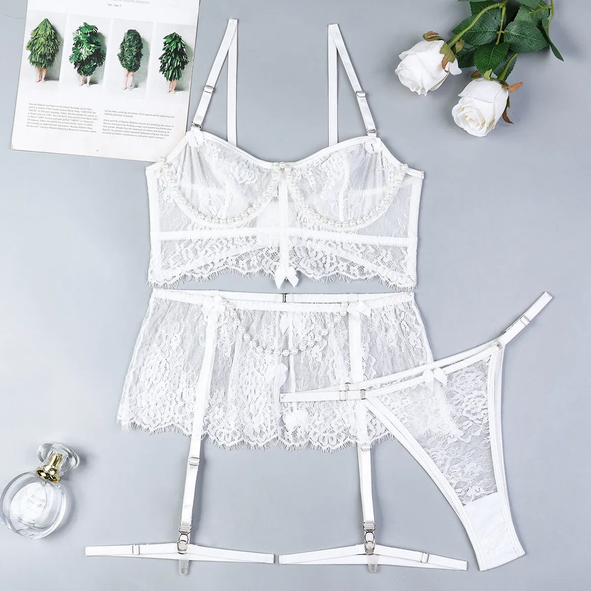 New Design Embroidery Lace Bra Set Sexy Perspective Pearl Skirt Woman Lingerie