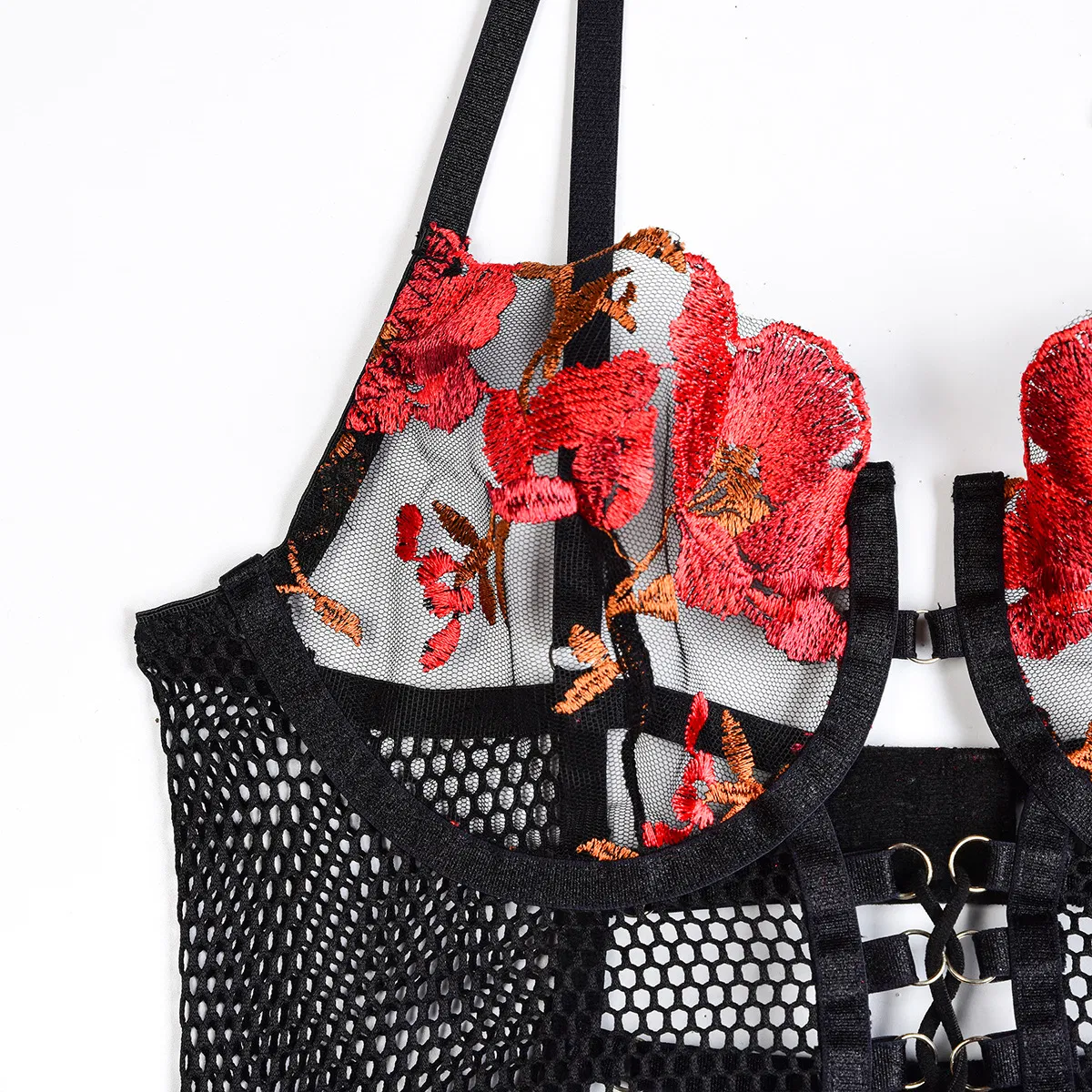 Sexy Flower Embroidery Contrast Color Underwear Set for Woman Wholesale Transparent Mesh Lingerie