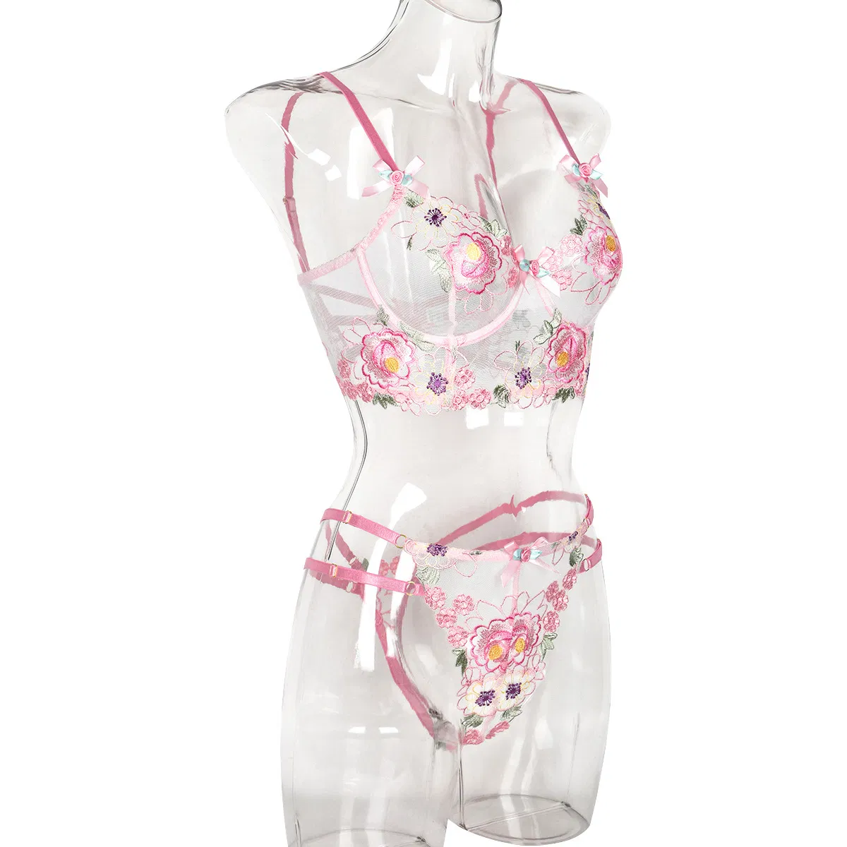 Wholesale Floral Embroidery See-Throug Underwear Set for Woman Sexy Fishbone Lingerie