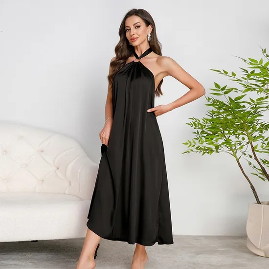 Wholesale Hanging Neck Backless Women's Nightwear Sexy Solid Color Satin Sleepwear