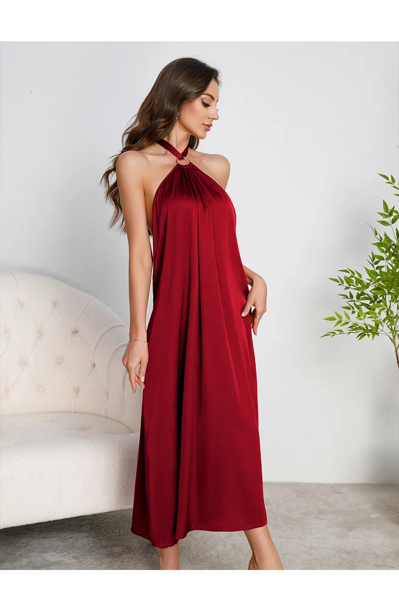 Wholesale Hanging Neck Backless Women's Nightwear Sexy Solid Color Satin Sleepwear