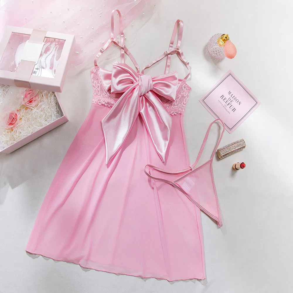Sexy Hollow out Satin Bow Dress Woman Bra Set Wholesale Erotic Women Lingerie