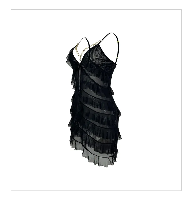 Sexy Layered Ruffles See-Through Women's Sleepwear Hot Sale Solid Color Dress Nightwear