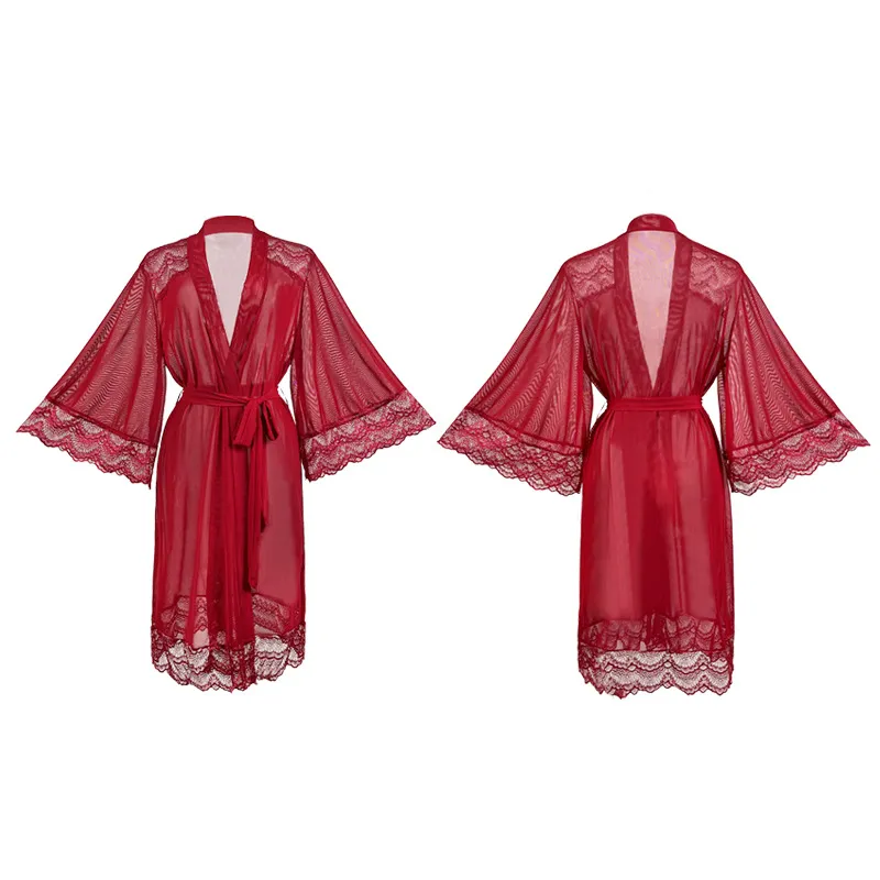 Wholesale See-Through Mesh Chiffon Stitching Lace Sleepwear Sexy Solid Color Women's Robe
