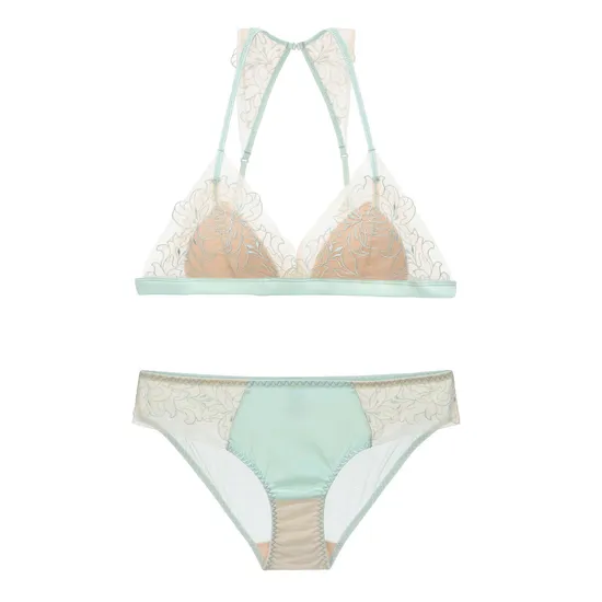 French Triangular Cup Breathable Deep V Ultra-Thin Embroidery Lace for Women Soft Sexy Halter Neck Bra Set Underwear Lingerie