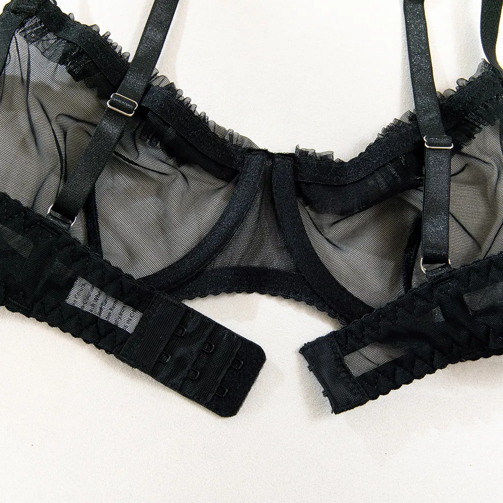 Sexy Perspective Mesh Ruffled Lace Woman Bra Set Hot Sale Solid Color 2 Pieces Lingerie