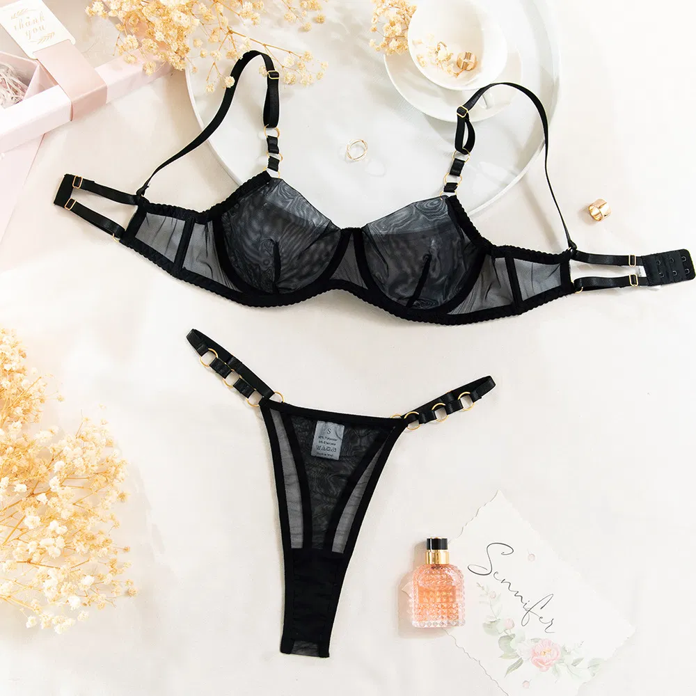 Sexy See-Through Mesh Suspender 2 PCS Bra Set New Style Solid Color Woman Lingerie