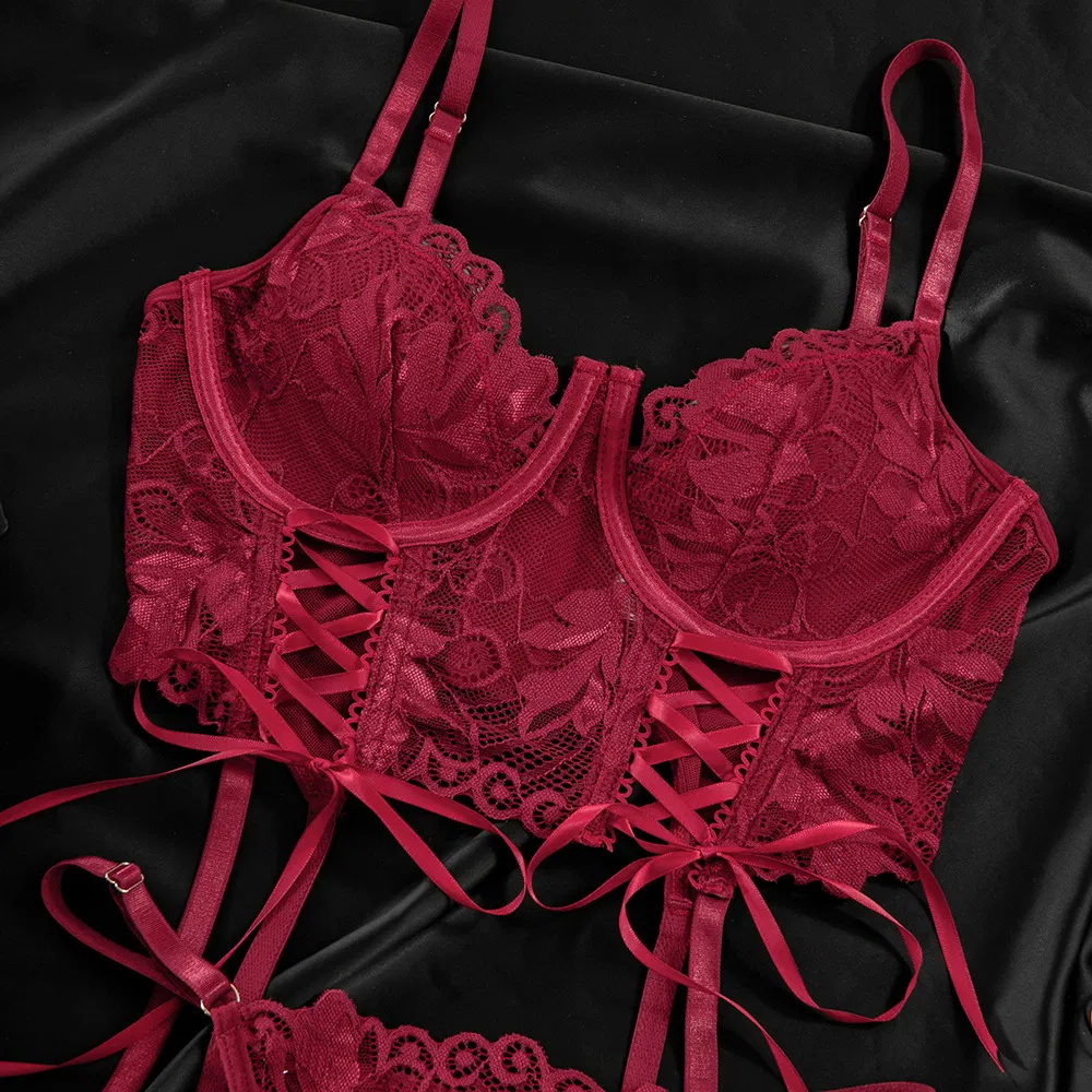 Hot Solid Color Fish-Bone Women Bra Set Sexy Erotic Strap Cross Embroidered Lingerie