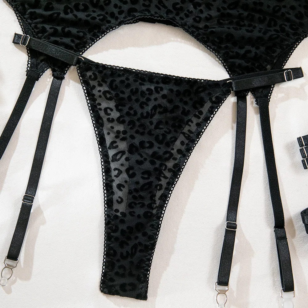Wholesale Leopard Printed Underwear Set Sexy Push up See-Through Mesh Lingerie