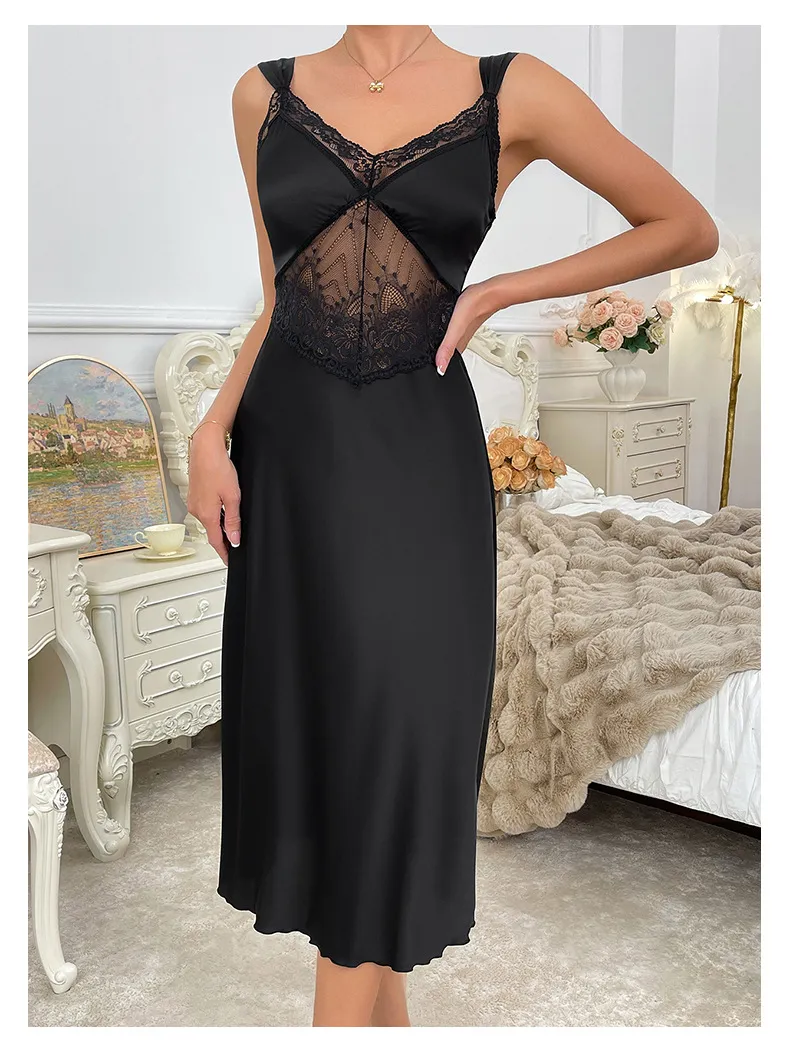 Sexy See Through Mesh Dress Sleepwear Hot Selling Embroidered Lace Suspender Woman Nightwear