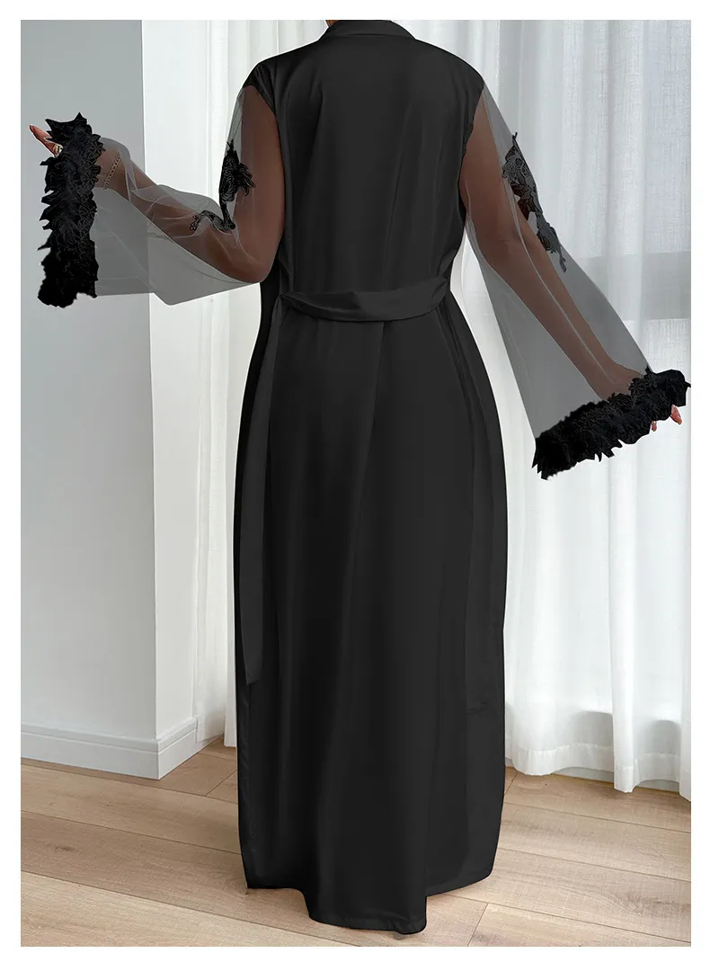 Wholesale Satin Woman Sleepwear Sexy See-Through Mesh Feather Lace Cuff Robe