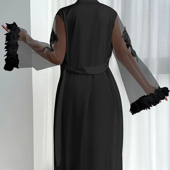 Wholesale Satin Woman Sleepwear Sexy See-Through Mesh Feather Lace Cuff Robe