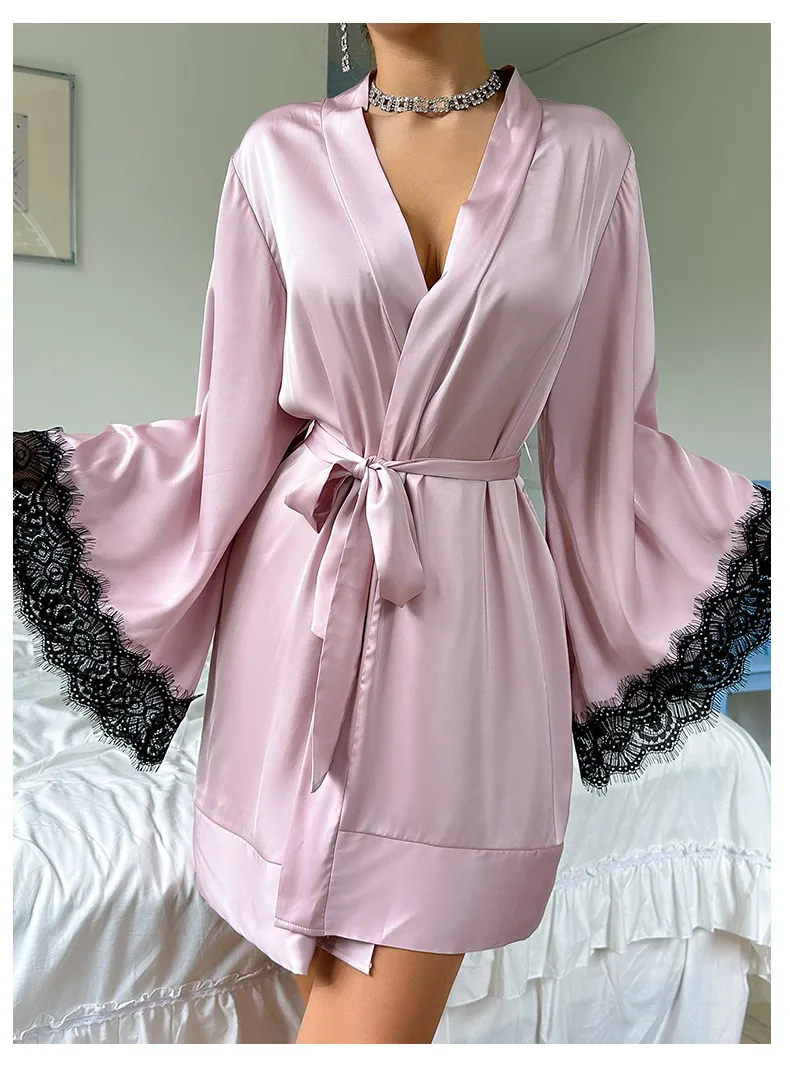 Wholesale V-Neck Satin Woman Lace Nightwear Sleepwear Sexy High-Quality Solid Color Robe