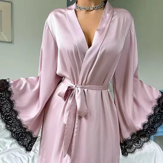 Wholesale V-Neck Satin Woman Lace Nightwear Sleepwear Sexy High-Quality Solid Color Robe