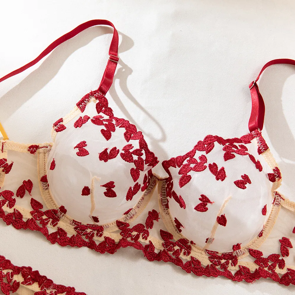 Wholesale Heart-Shaped Embroidery Woman Underwear Set Sexy Transparent Mesh Lingerie