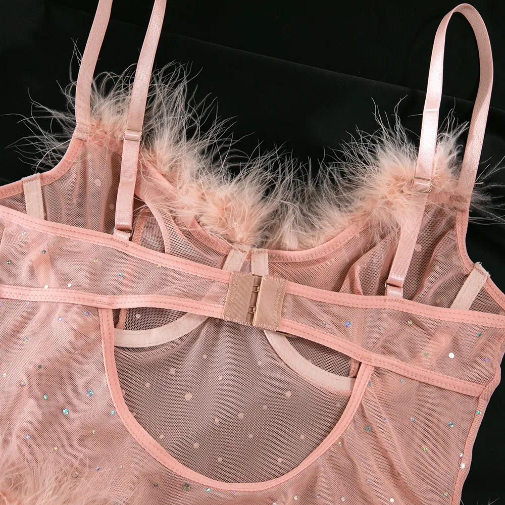 New Arrival Rhinestone Sparkling See-Through Mesh Underwear Set Sexy Feather Patchwork Lingerie