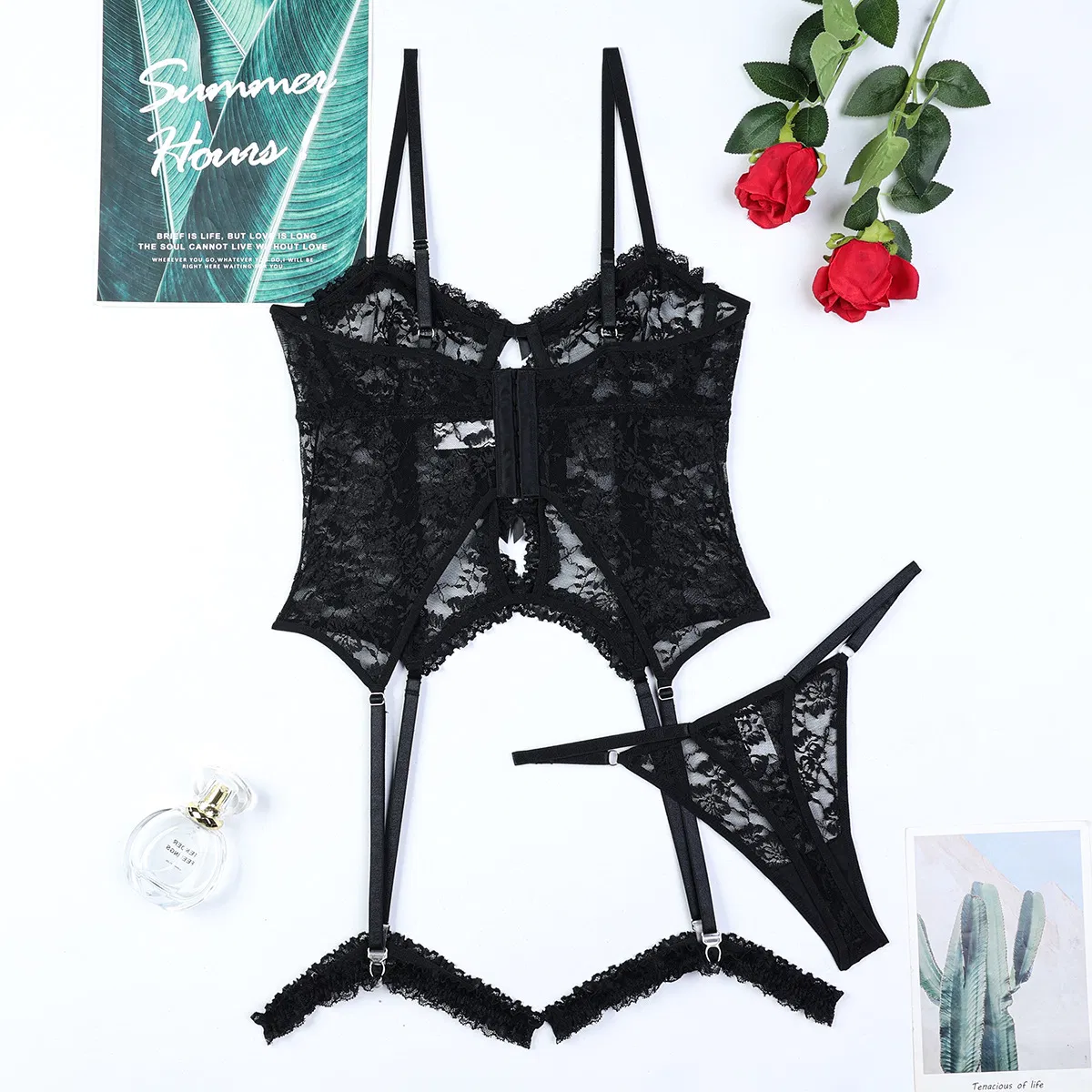 Sexy Hollow See-Through Woman Bra Set New High Quality Lace Ruffled Solid Color Lingerie