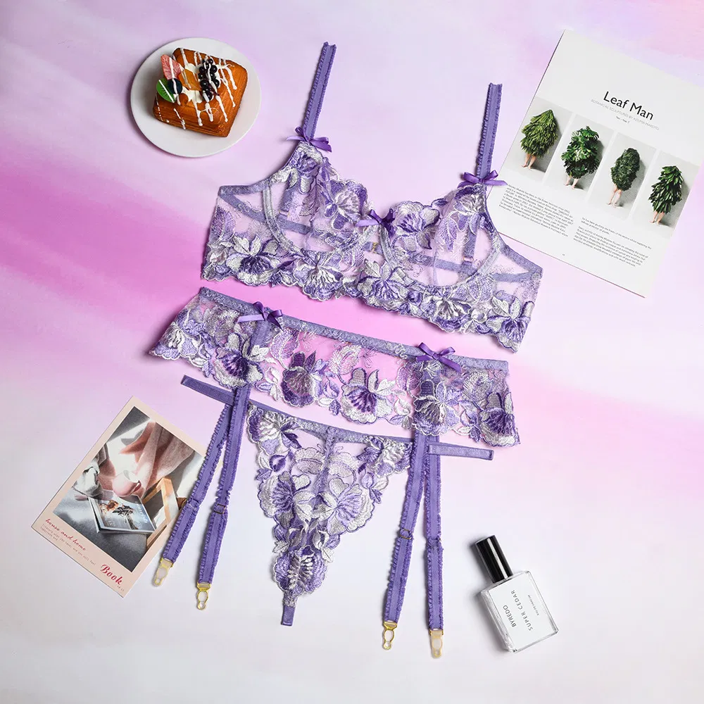 New Design Flower Embroidery See-Through Bra Set Sexy Woman 3 PCS Lingerie