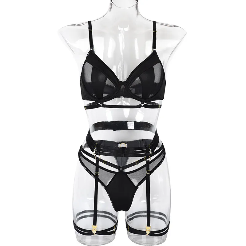 Wholesale Seduction See-Through Romantic Mesh for Women Four-Piece Breathable Ultra-Thin Set Bra Sexy Underwear Lingerie