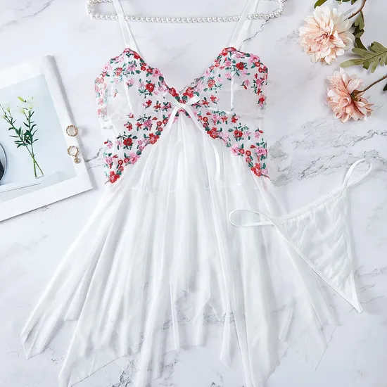 Wholesale Flower Embroidered See-Through Dress Underwear Set Sexy Ultral-Thin Lingerie
