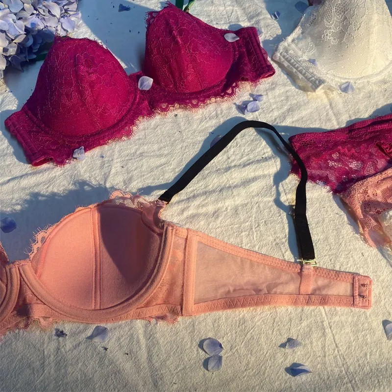 New Style French Seduction for Women Gathered Bra Set Lace Trim Breathable Sexy Lingerie
