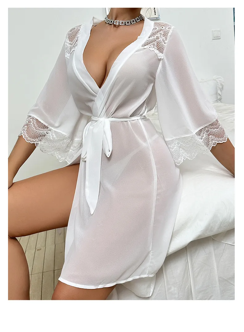 Sexy See-Through Chiffon Mesh Woman's Sleepwear Wholesale Lace Patchwork Robe