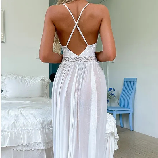 Sexy Erotic Transparent Woman Nightgown Dress Wholesale Solid Color Long Mesh Nightwear