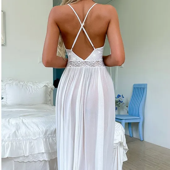 Sexy Erotic Transparent Woman Nightgown Dress Wholesale Solid Color Long Mesh Nightwear