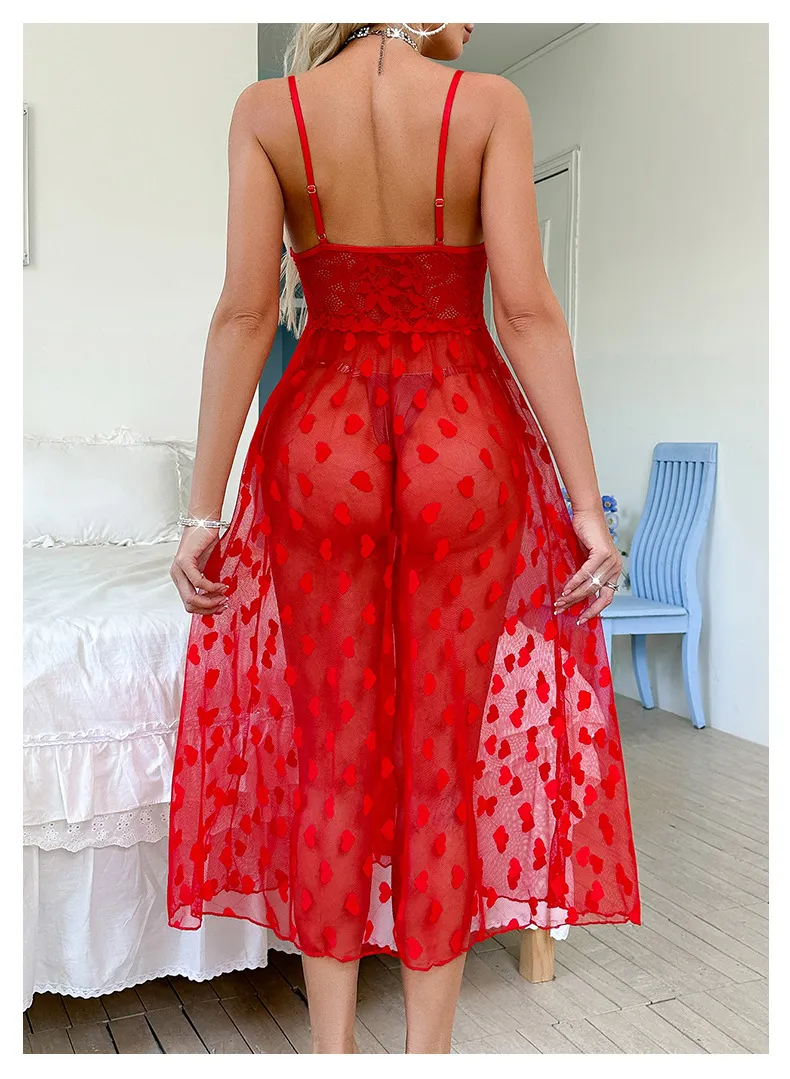 Sexy Transparent Mesh Women Sleepwear Long Dress Hot Sale Embroidery Nightwear