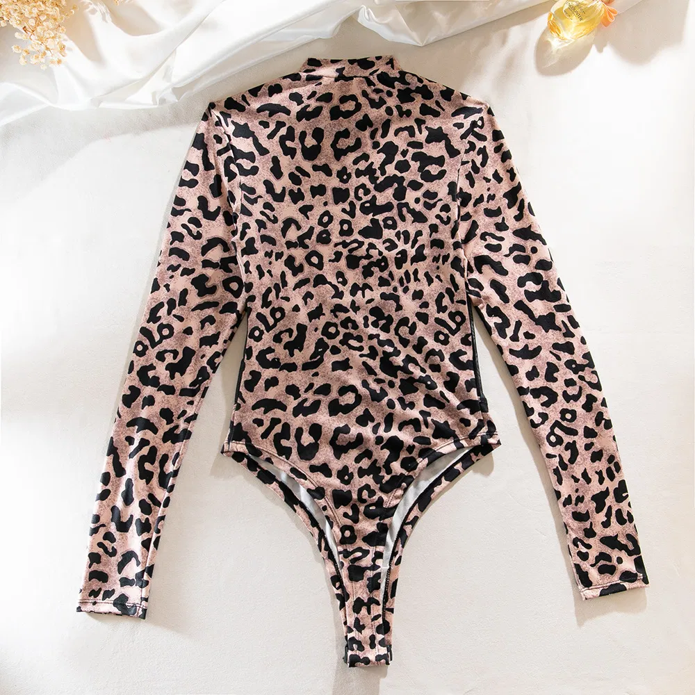 Wholesale Long Sleeve Leopard Print One Piece Underwear Sexy Perspective Slim Fitting Lingerie