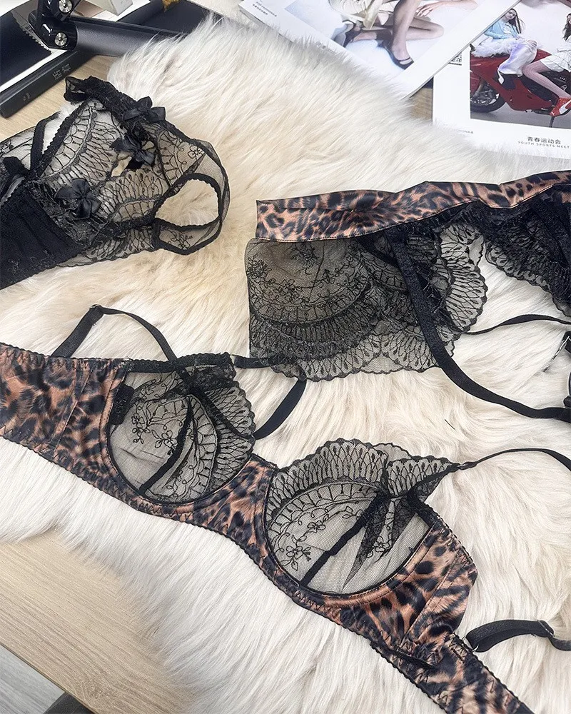 Seduction for Women Soft Bra Breathable Ultra-Thin Leopard Print Embroidered Lace Three-Piece Set Sexy Underwear Lingerie
