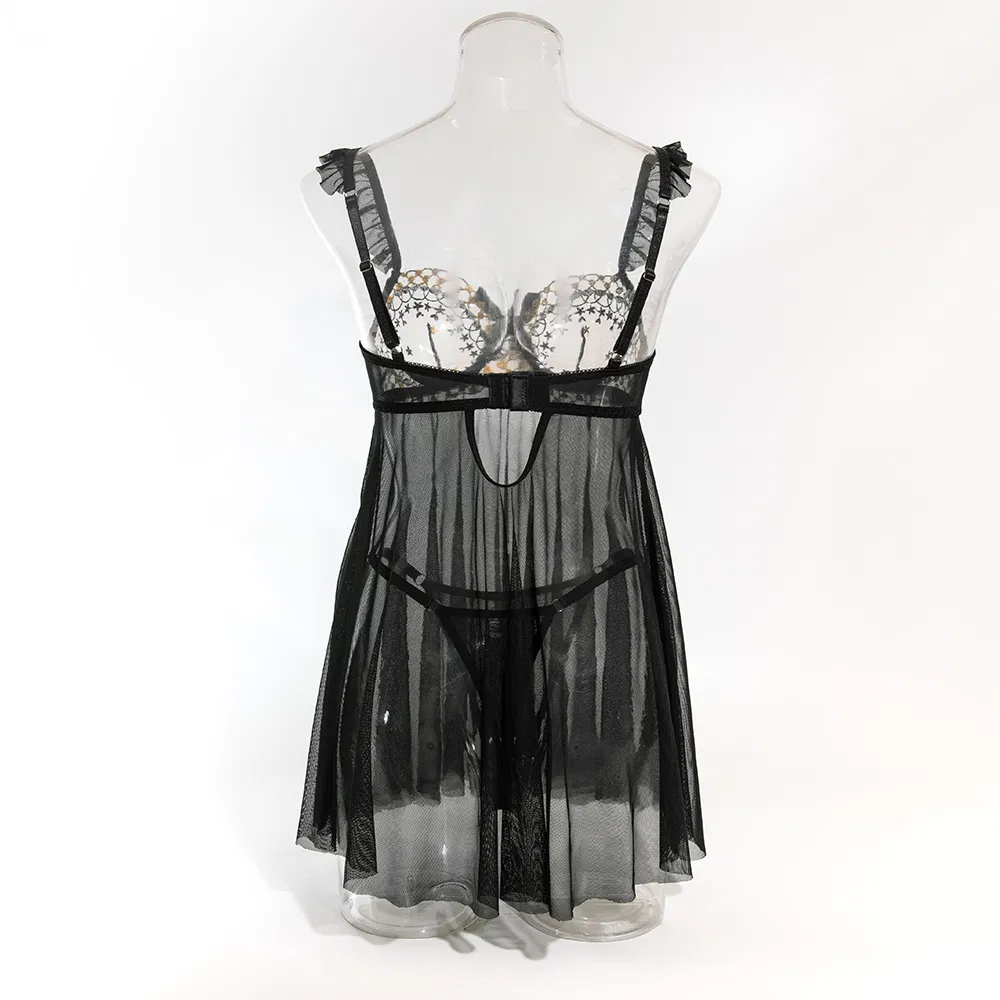 New Arrival Erotic Transparent Bra and Panty Set Sexy Long Dress Embroidered Lingerie