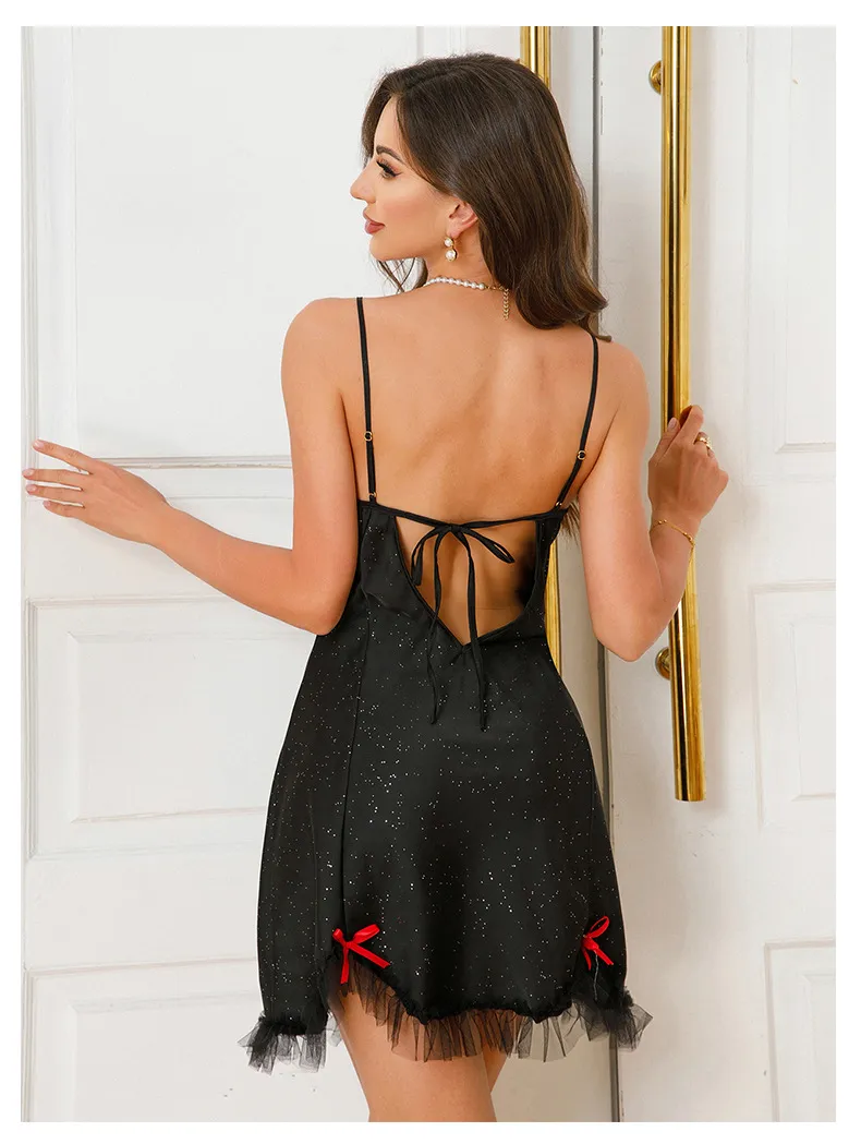 Sexy Contrasting Colors Bow Lace Dress Sleepwear Hot See-Through Woman Nightwear