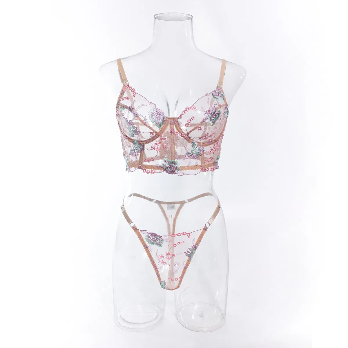 Sexy Mesh Transparent Flower Embroidery Fishbone Bra Set Factory Sell Woman Lingerie