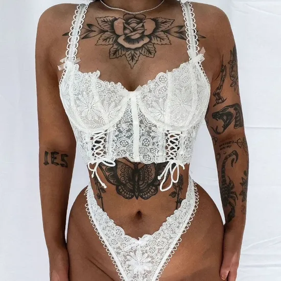 Wholesale Embroidery Floral Bra Set Sexy Transparent Hollow out 2 Piece Woman Lingerie