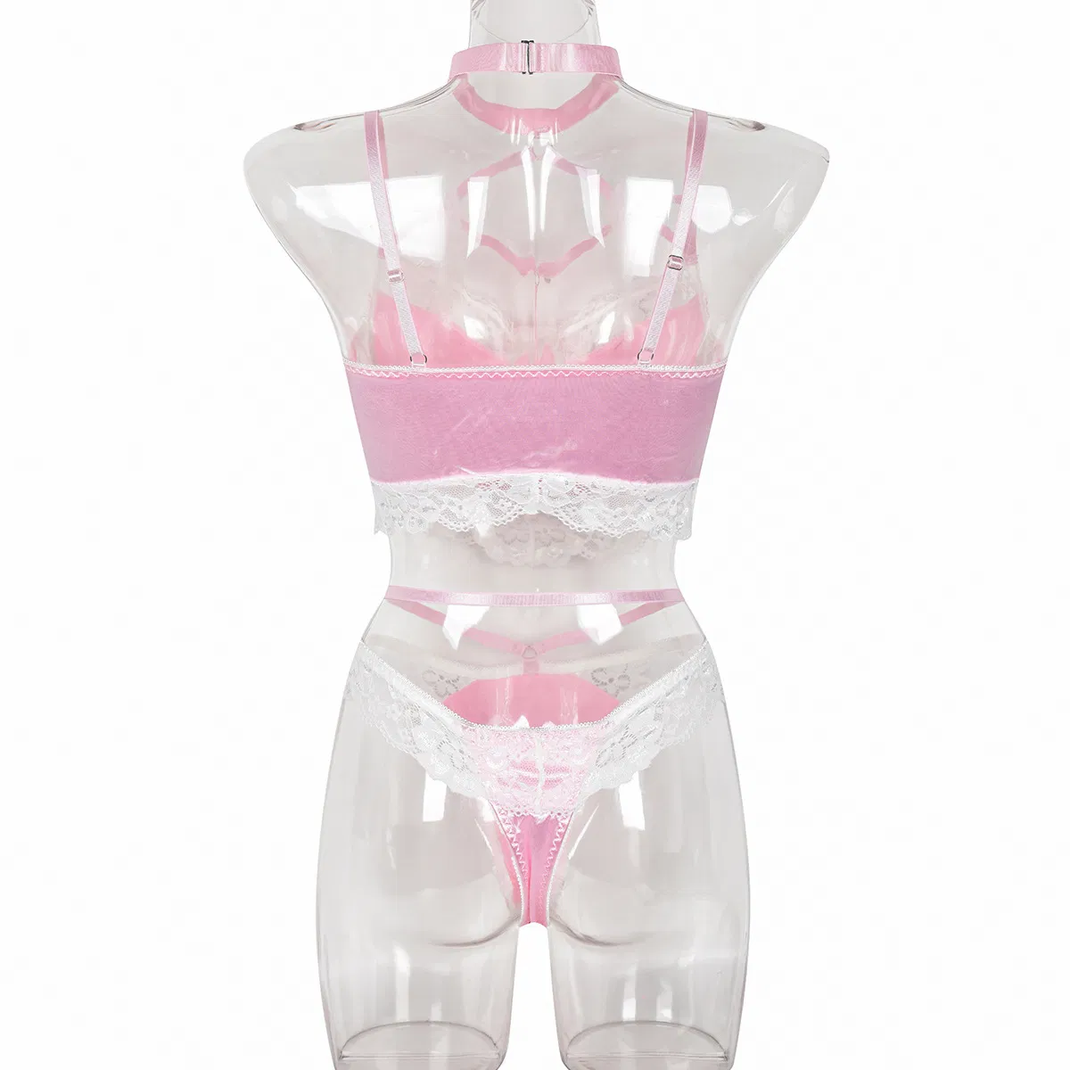 Sexy Neck Hanging Cross Strap Underwear Set Wholesale Pink Satin Women Lingerie