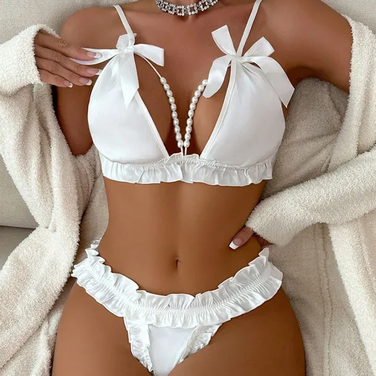Wholesale Satin Bow Decoration Underwear Set Sexy Bow-Tie Pearl Crotch Woman Lingerie