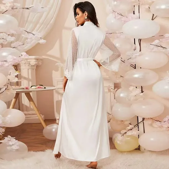 Wholesale Luxury Deep V Satin Woman Sleepwear Sexy See Through Lace Bridal Robe