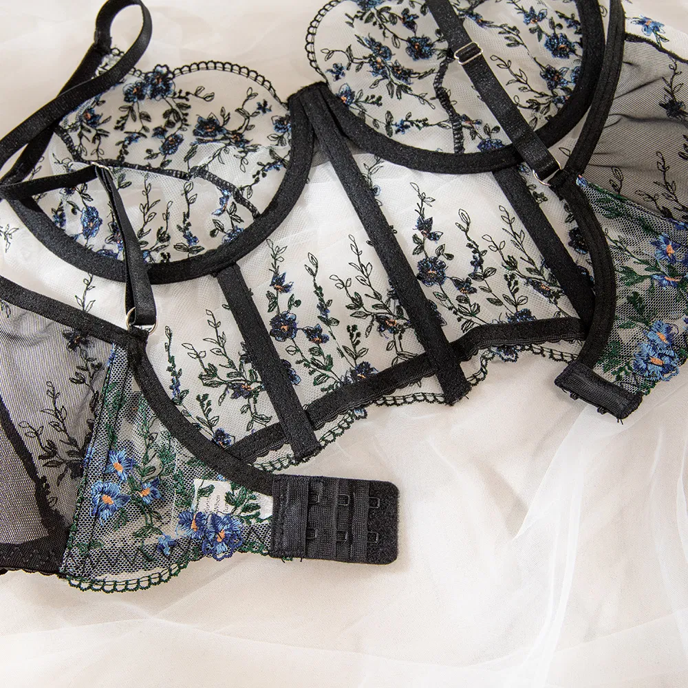 New Delicate Floral Pattern Woman Bra Set Sexy See-Through Two Piece Lingerie
