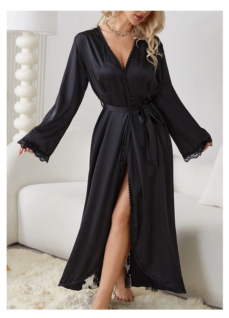Wholesale Lace Satin Sleepwear Sexy Mesh Embroidery Patchwork Transparent Women's Robe