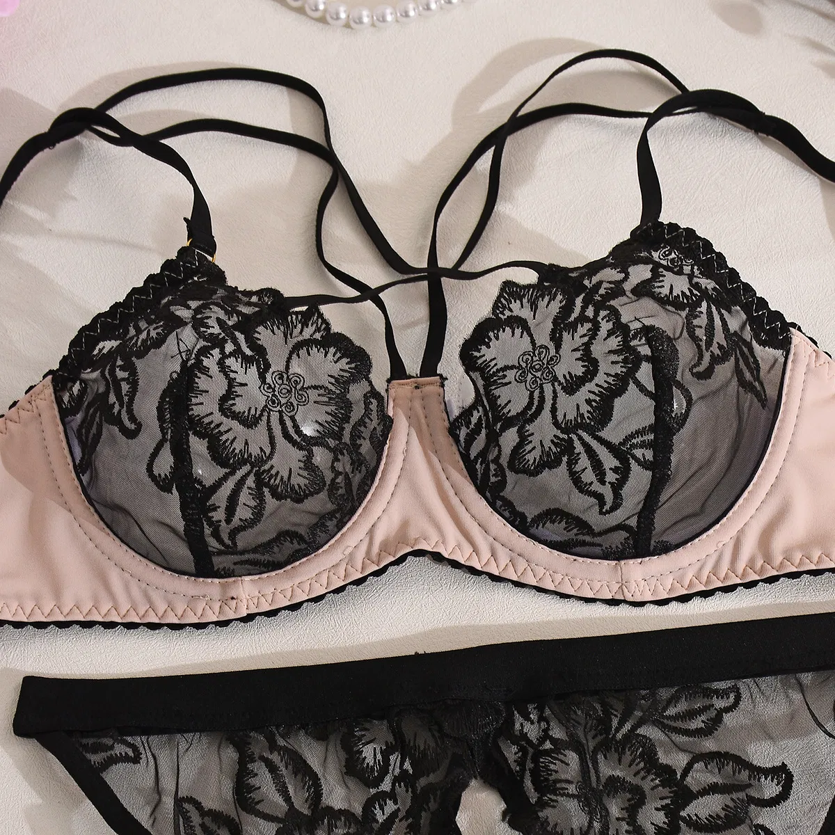 Wholesale See Through Mesh Embroidery Women's Bra Panty Sets Sexy Cross-Strap Lingerie