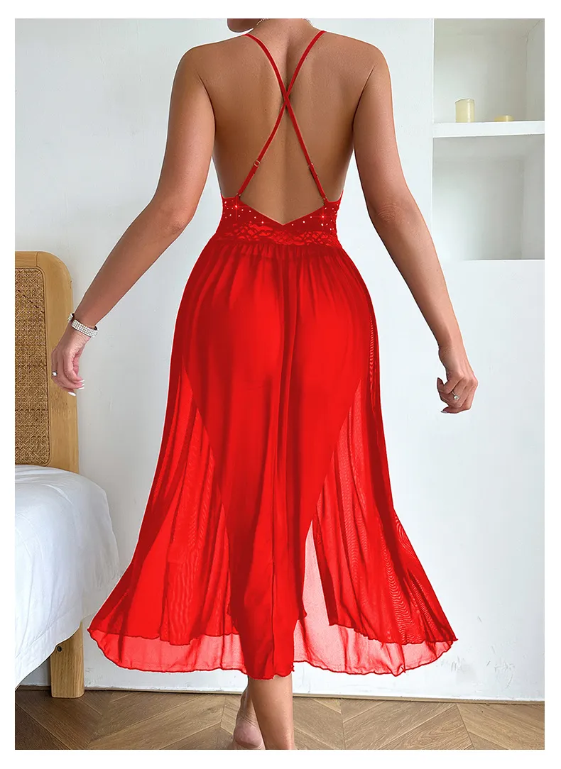 Sexy Erotic Transparent Woman Nightgown Dress Wholesale Solid Color Long Mesh Nightwear