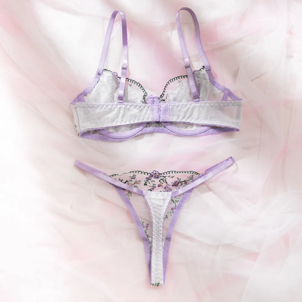 New Fashion Erotic Transparent Mesh Woman Underwear Set Sexy Floral Embroidered Lingerie