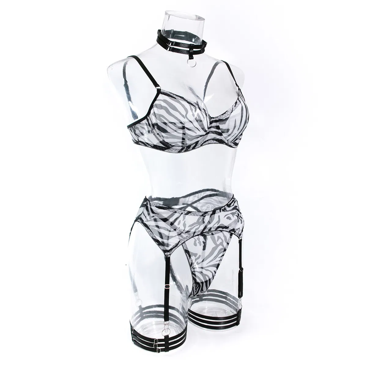 Hot Erotic Zebra Printed Woman Underwear Set Sexy Perspective Mesh 4PCS Lingerie