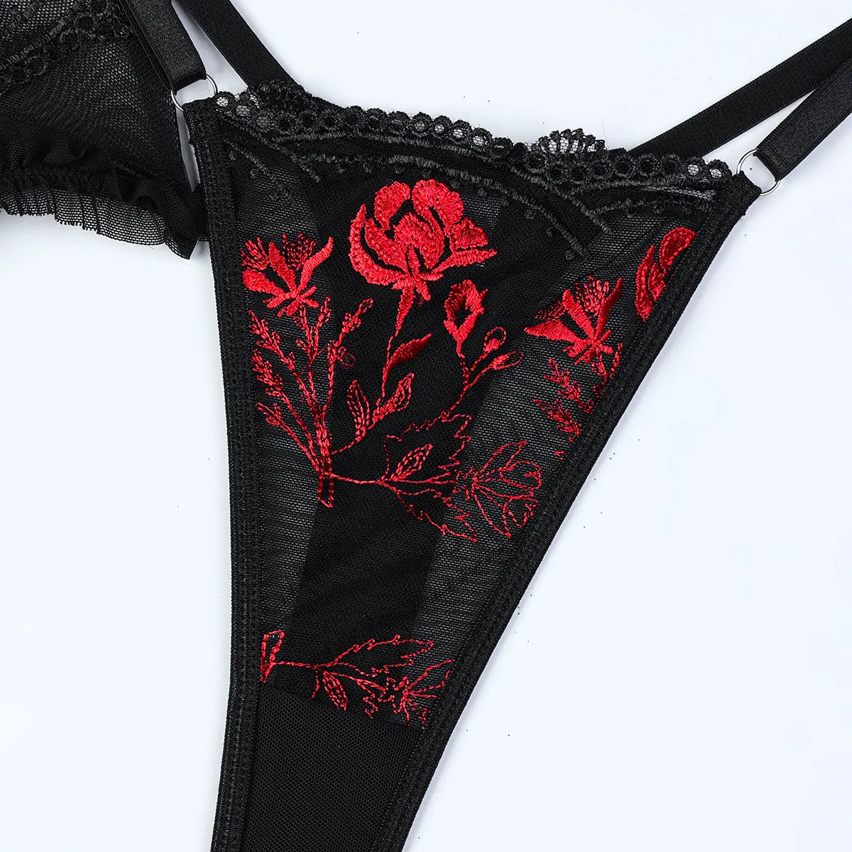 Wholesale Transparent Mesh Cross Strap Bra Set Sexy Flower Embroidery Thin Woman Lingerie