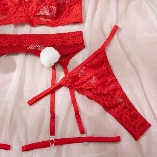 Sexy Embroidered Lace Christmas Underwear Set Hot Furry Ball Woman's Lingerie
