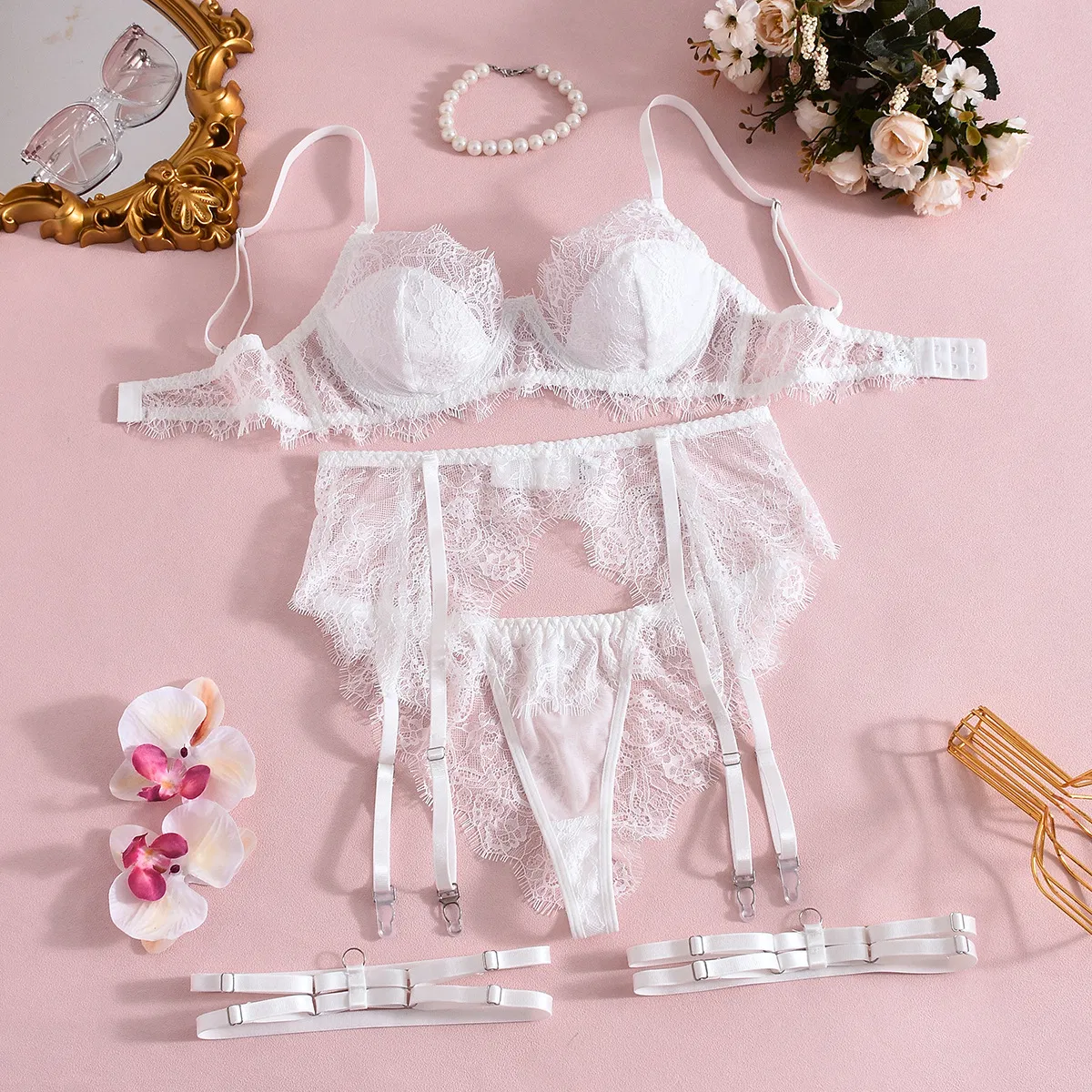 Wholesale Embroidered Eyelash Lace Woman's Underwear Set Sexy Ultra-Thin 2-Piece Lingerie