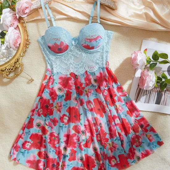Wholesale Floral Print Long Dress Underwear Set Sexy Ultral-Thin Women Lingerie