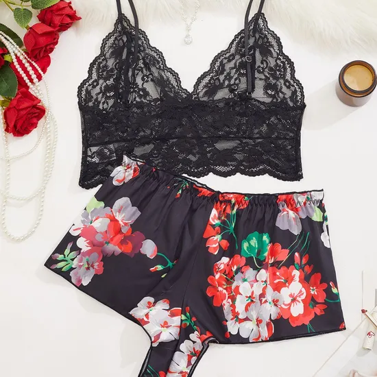 Wholesale Satin Embroidered Lace Underwear Set for Woman Sexy Short Sleeve Two-Piece Lingerie
